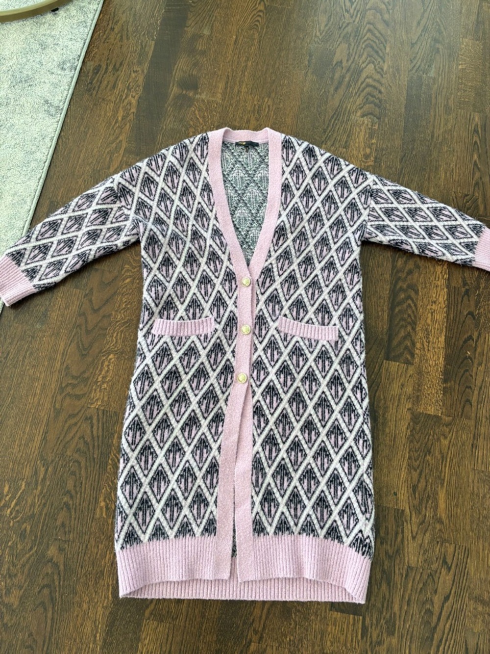Maje Pink and Black Diamond Knit Long Cardigan